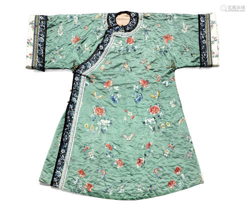 A teal-green silk padded woman's informal Winter robe, changyi