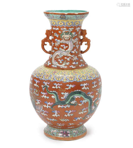 A famille rose 'dragon and phoenix' baluster vase