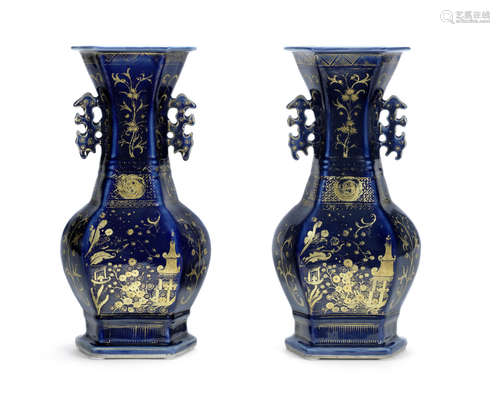 A pair of gilt-decorated powder blue-glazed vases