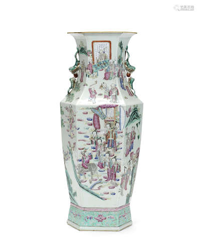 A famille rose hexagonal baluster vase