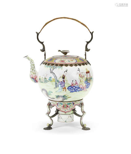 A Canton enamel teapot and warming stand