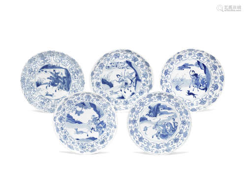 Five blue and white 'hunting' dishes