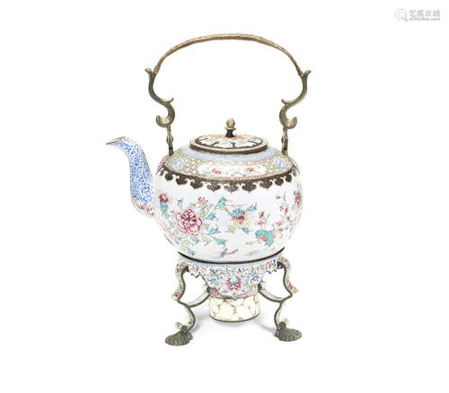 A painted enamel 'floral bouquet' teapot, cover and warming stand