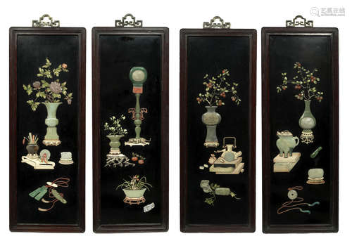 A set of four hardstone and ivory inlaid 'Hundred Antiques' panels