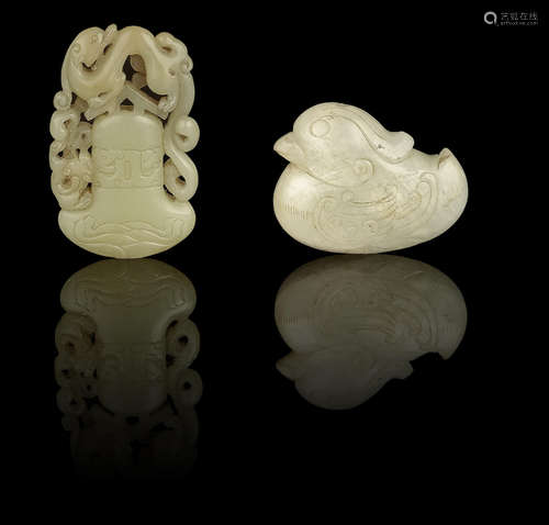 A yellow jade 'bell and chilong' pendant and a white jade mandarin duck