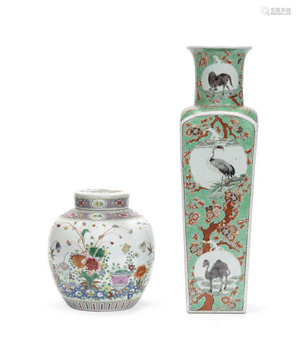 A famille verte square vase and famille rose jar and cover