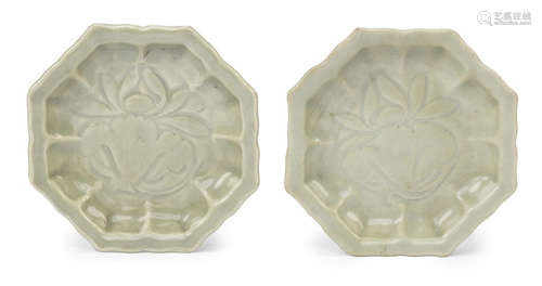 A pair of celadon-glazed octagonal moulded dishes