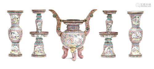 A Canton enamel five-piece altar set, wu gong