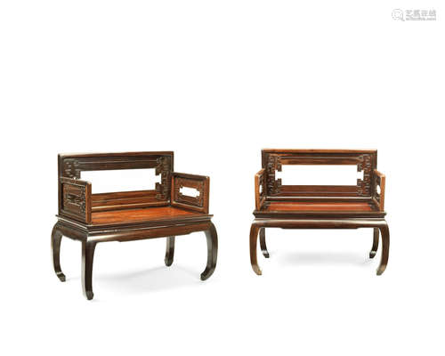 A pair of hardwood and burr-wood inset seats