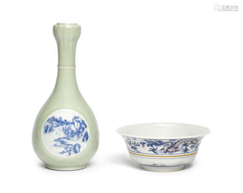 A celadon-ground blue and white garlic-head bottle vase and a blue and white and underglaze-red bowl