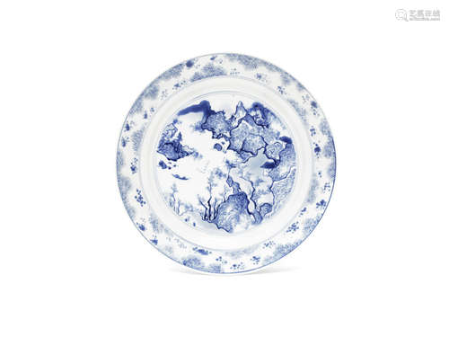 A blue and white 'Master of the Rocks' dish