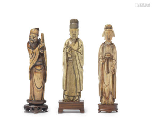 Three ivory figures of Immortals and scholars