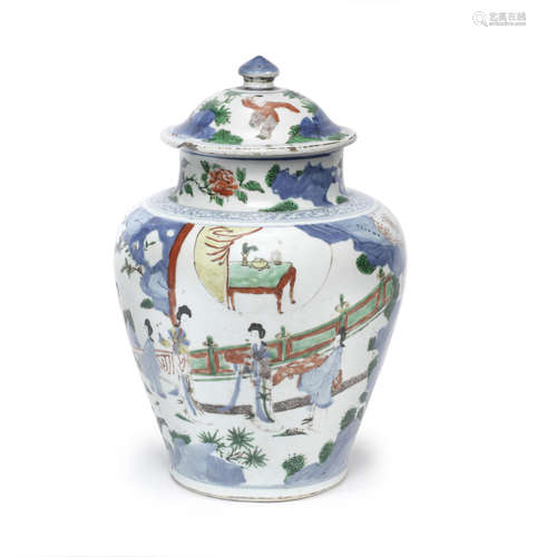 A wucai 'scholars and ladies' jar and cover