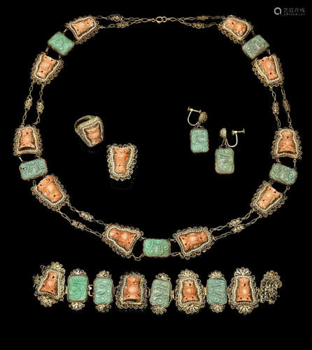 A coral, turquoise and gold filigree jewellery suite