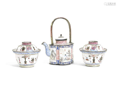 A Canton enamel quatrefoil teapot and cover and two bowls and covers