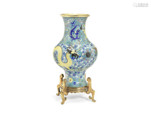 A cloisonné enamel baluster vase and bronze stand