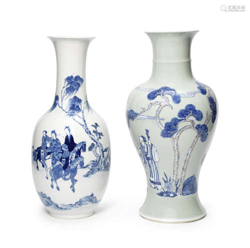 A celadon-ground blue and white baluster vase and a blue and white bottle vase