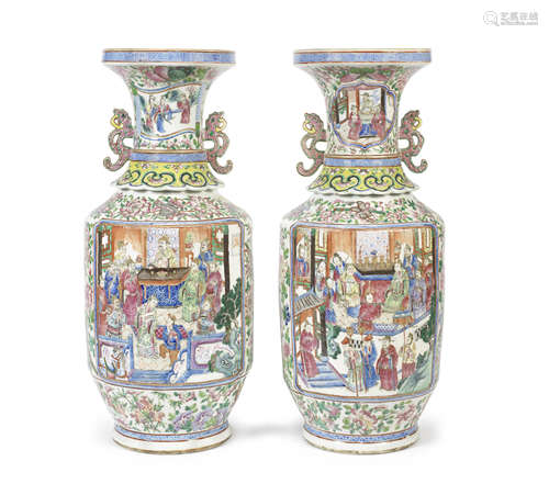 A pair of Canton famille rose baluster vases