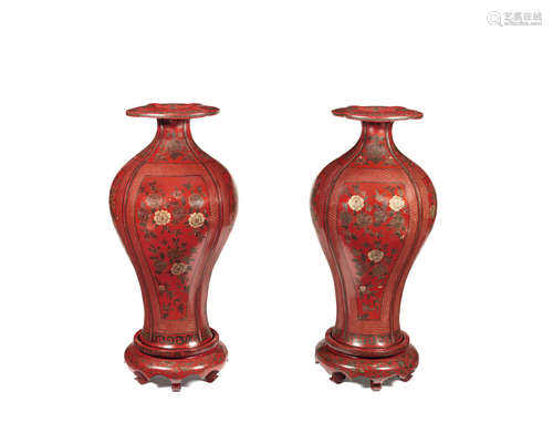 A massive pair of painted lacquer baluster vases and stands