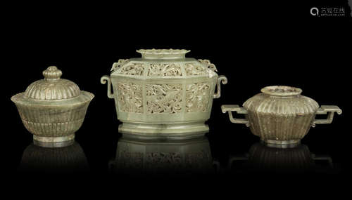 A group of three spinach green jade Mughal-style vessels