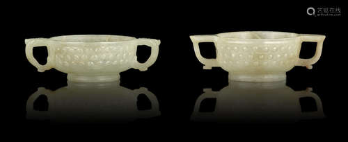 Two pale green jade archaistic cups