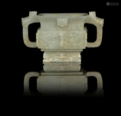 A mottled green jade incense burner, fang gui