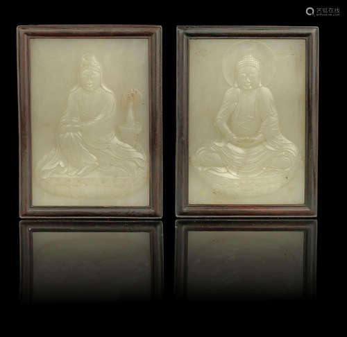 A pair of pale green jade 'Buddhist subject' plaques