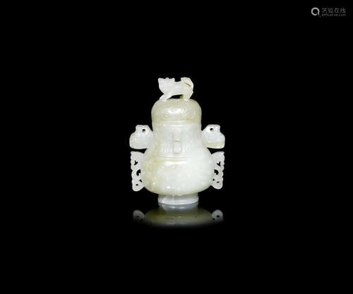 A miniature pale green jade vase and cover, hu