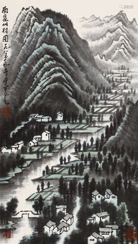 李可染《雨过山村图》纸本立轴