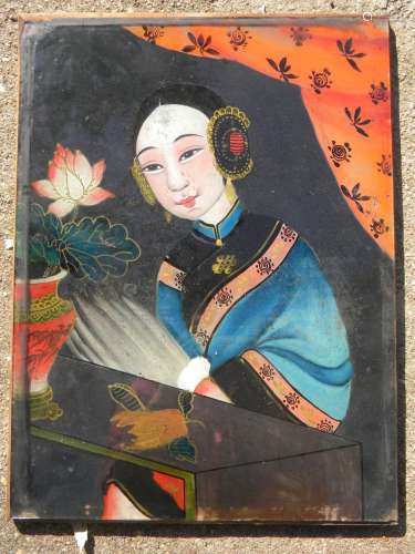 Antique Chinese Glass Beauty Painting Qing Dynasty
