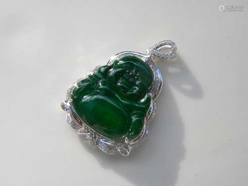 18K Gold Diamond Green Jadeite Buddha Pendant