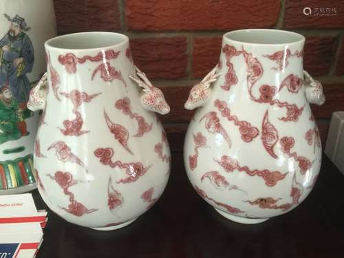 Pair of Antique Chinese Deer Head Vases Marked Kangxi