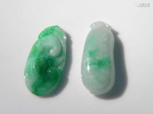 Two Natural Green Jadeite Ruyi and Melon Pendants