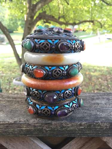 Antique Chinese Silver Box with Red Jadeite Bracelets