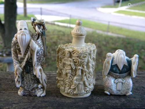 Two Carved Statues and One Snuff Bottle