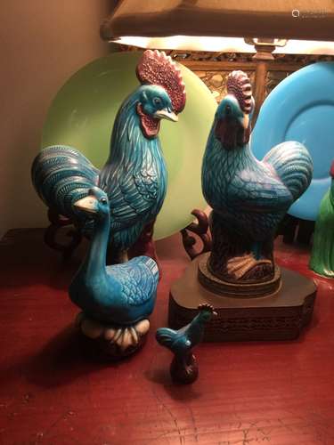 Four Antique Chinese Blue Glazed Rooster and Ducks