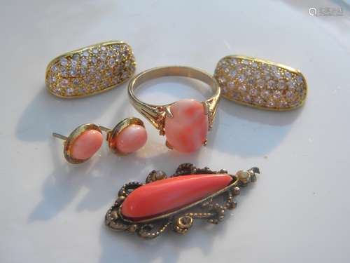 Group of Natural Coral Ring, Pendant and Earrings