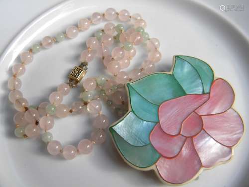 Vintage Chinese Pink Quartz Bead Necklace Flower