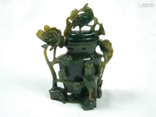 Jadeite Carved Bird and Flower Vase with Lid