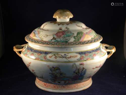 ANTIQUE CHINESE FAMILLE ROSE BOWL WITH LID, PEOPLE