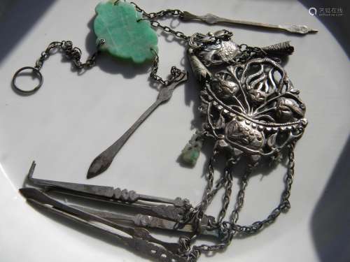 Antique Chinese Silver and Green Jadeite Necklace