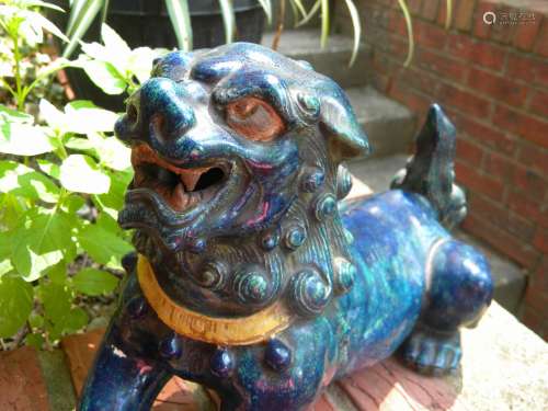 Antique Blue Glazed Porcelain Dog Marked