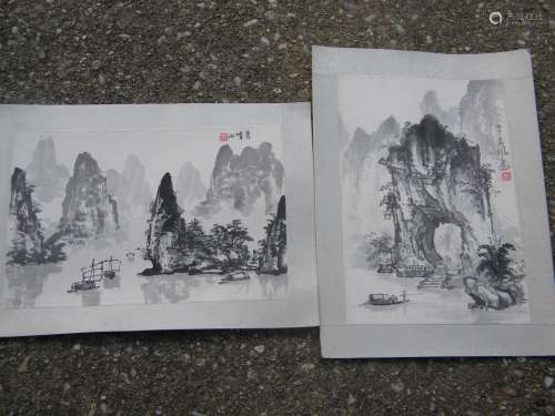 Two Vintage Chinese Ink Painting Mountain Scene
