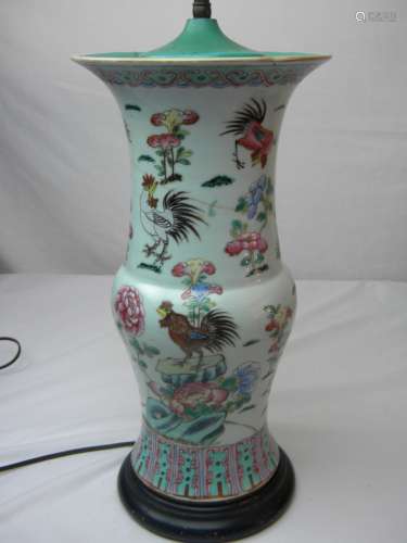 ANTIQUE CHINESE ROOSTER VASE, SIZE: , MADE INTO A VASE