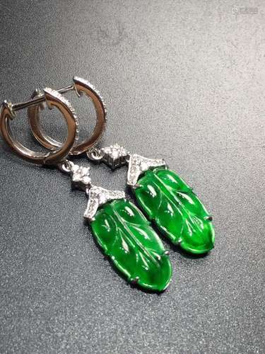 Pair of 18K Gold Diamond Green Jadeite Leaf Earrings