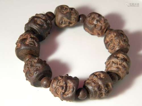 ANTIQUE CHINESE ROSEWOOD BRACELET BUDDHA'S FACE