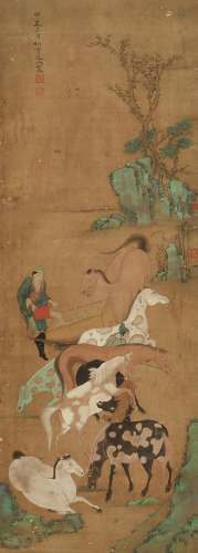 1254-1322 赵孟頫秋江牧马图设色绢本立轴