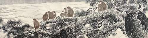 1910-2001 黎雄才群猴观海设色纸本镜片