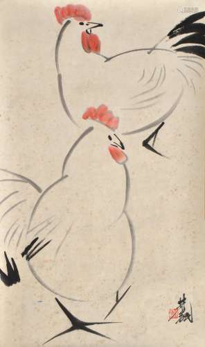 1900-1991 林凤眠双鸡图设色纸本立轴