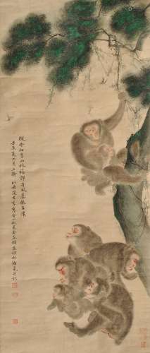 1906-1985 黄幻吾、戈湘岚松猴图设色纸本立轴